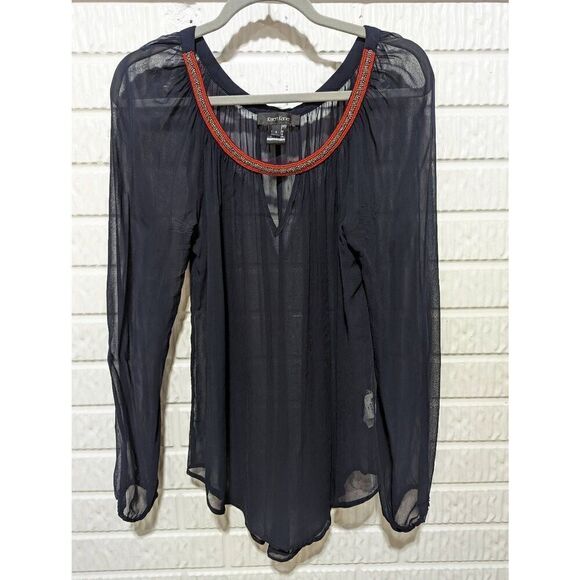 Karen Kane Women's Dark Blue Sheer Beaded Neckline Long Sleeve Top Size Small - Picture 1 of 11